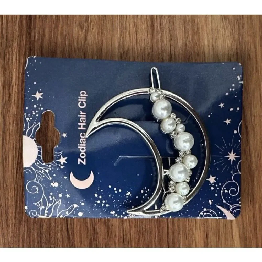 NWT 2 Inch Zodiac Gold Plated Metal Imitation Pearl Half Moon Hair Clip Barrette